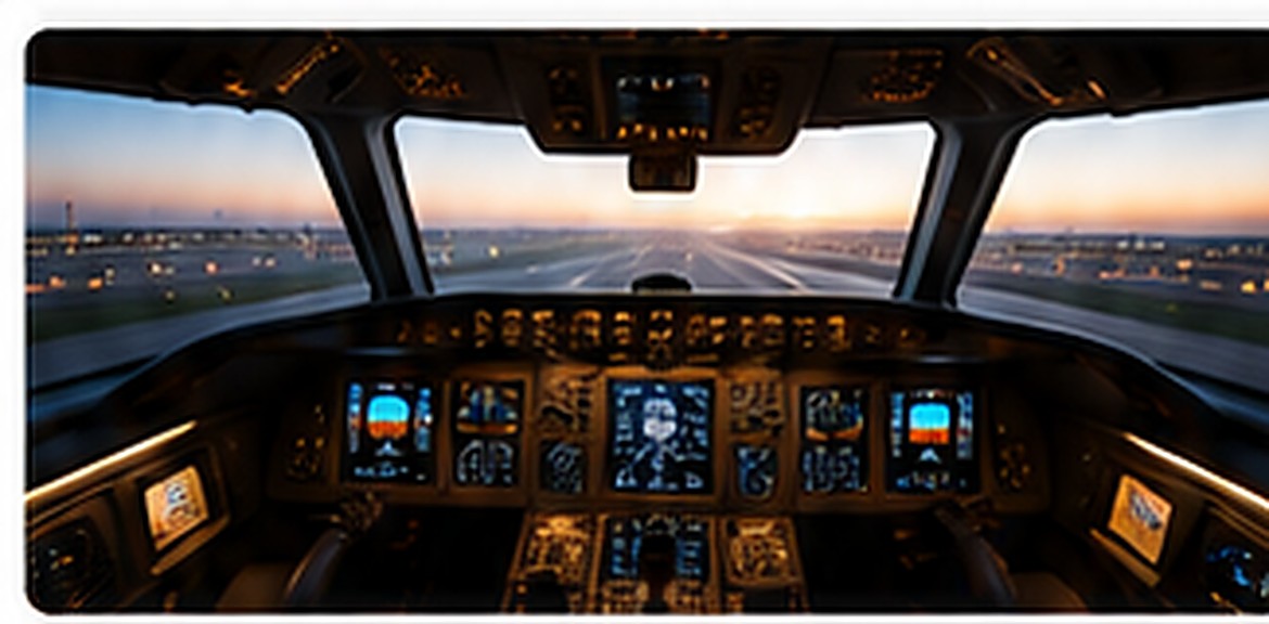 Flight deck at dusk on approach