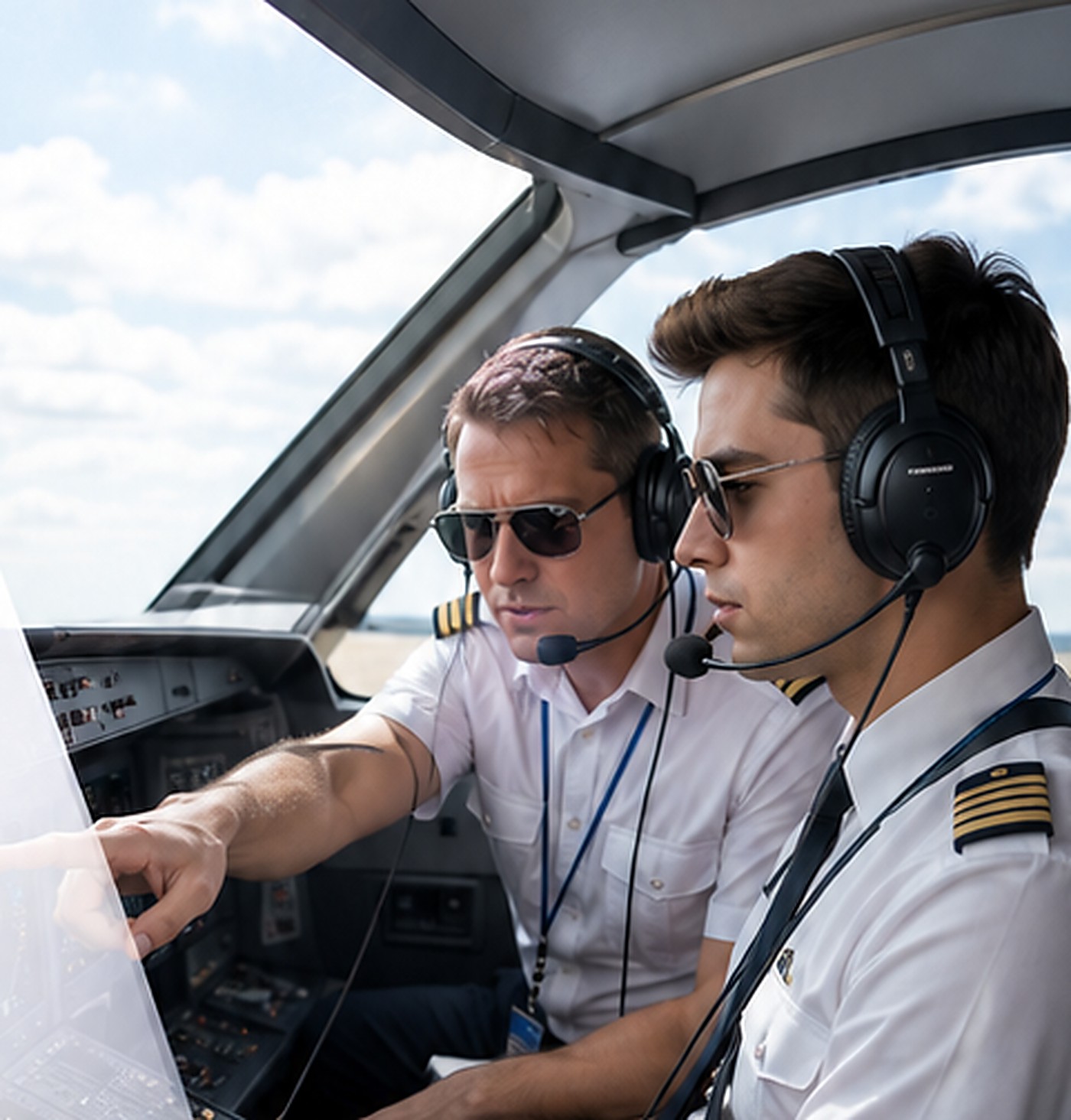 Professional pilots working inside an aircraft cockpit