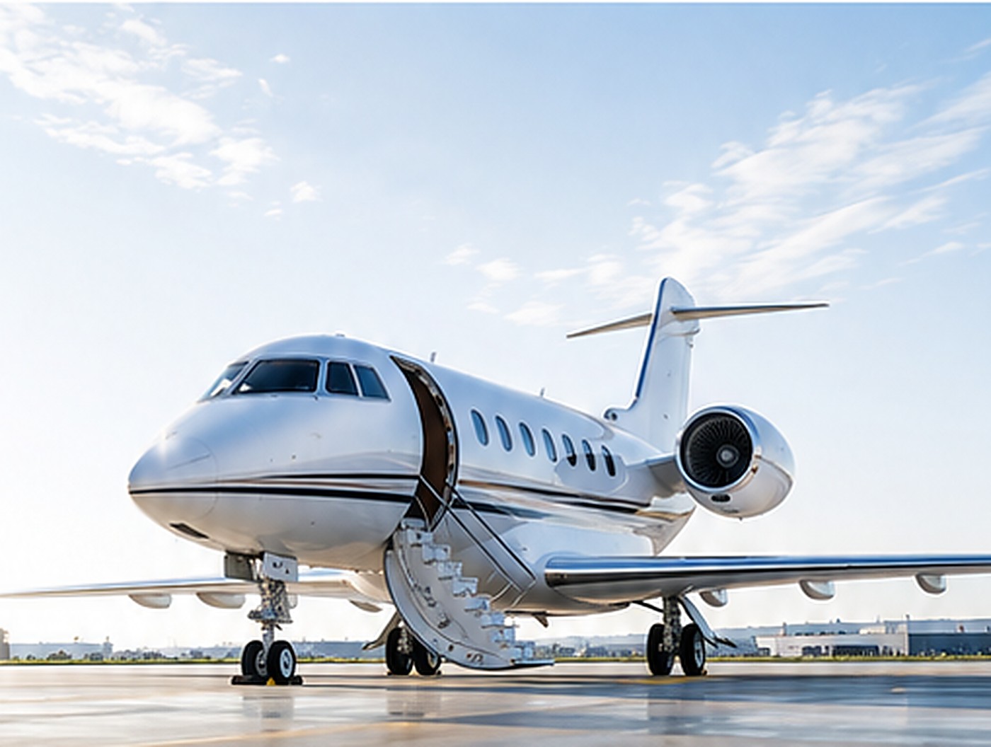 Private business jet parked on an airport apron