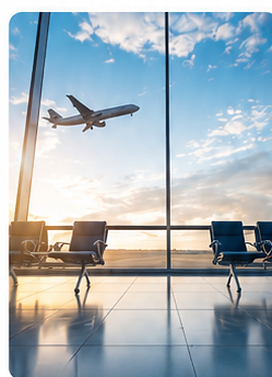Airport terminal with an aircraft taking off beyond the glass